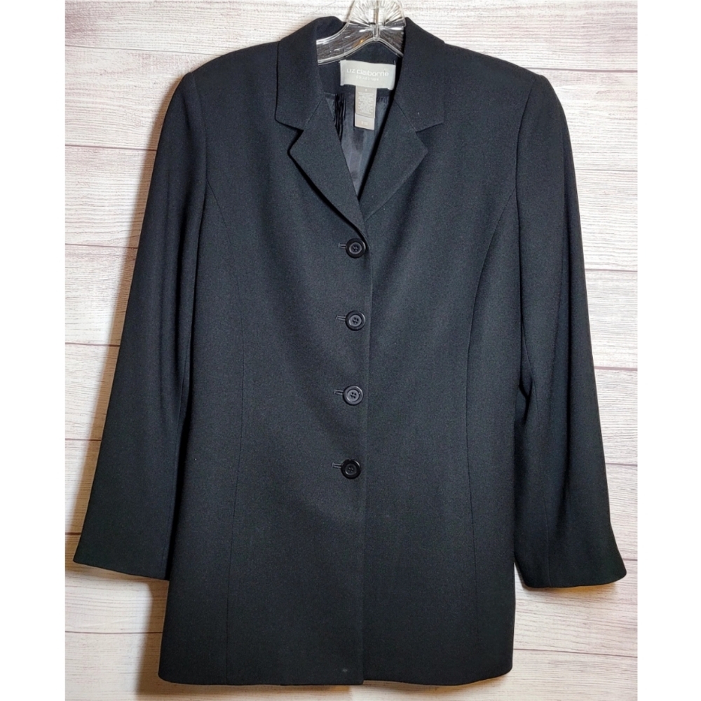 Liz Claiborne Collection Black Blazer Jacket Size 6 Padded Shoulders 4 Button